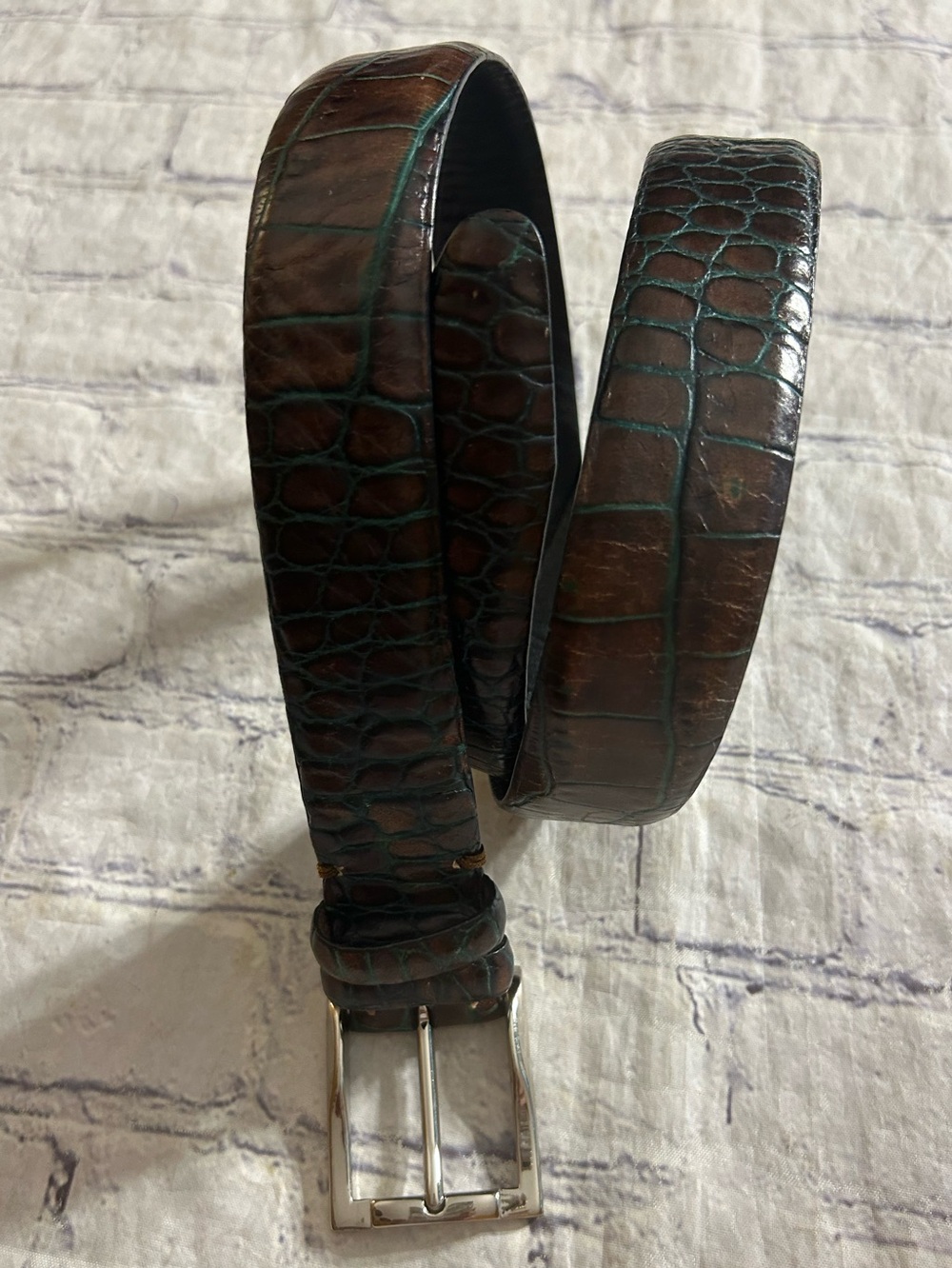 BILL LAVIN “SOFT COLLECTION “ 2-TONE BROWN & TEAL BLUE HANDMADE CROC ITALY BELT
